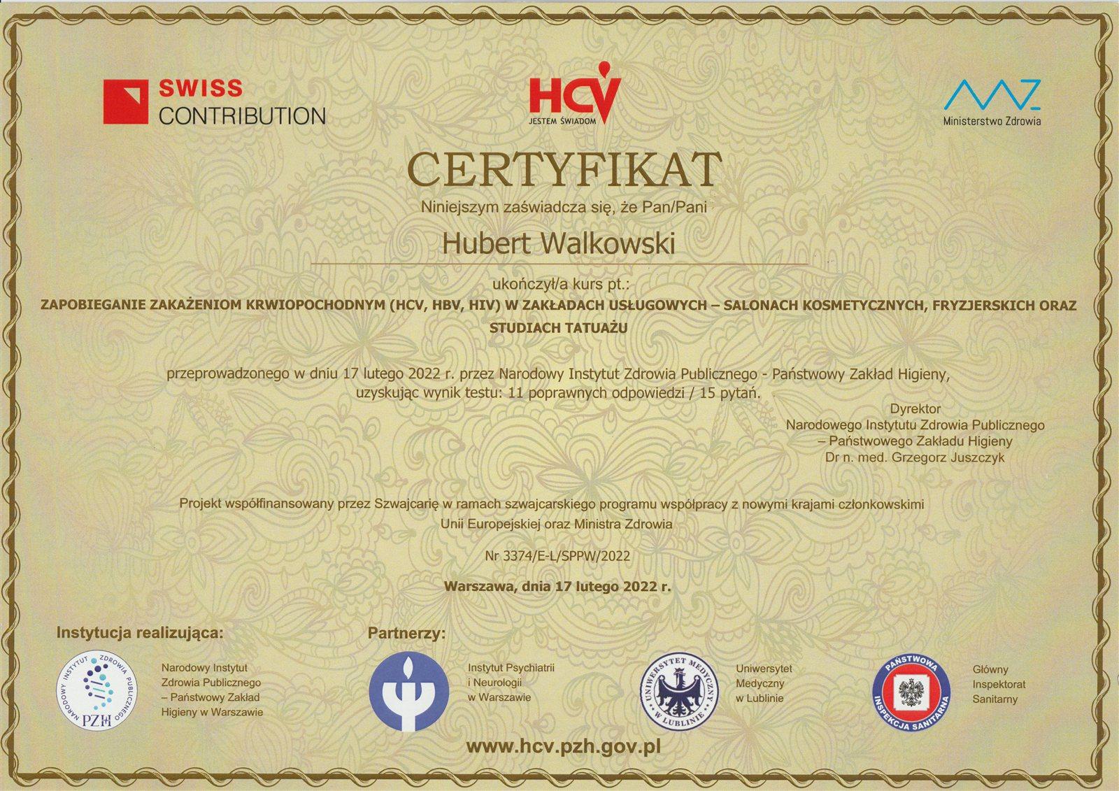 Certyfikat zapobiegania zakażeniom krwiopochodnym (HCV, HBV, HIV) w studiach tatuażu — NIZP-PZH